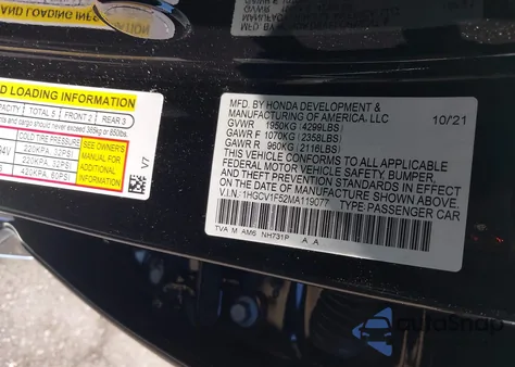 2021 Honda Accord Ex-L из США, поврежденный, VIN 1HGCV1F52MA119077